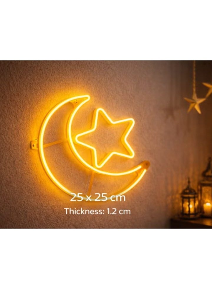 Ramadan Wall LED Light – Crescent & Star Size 25 × 25 cm | Yellow festive décor  Transform any wall into a magical glowing accent 🌙💛 Warm LED lighting creates a cozy Ramadan ambiance, perfect for living rooms, balconies, or entryways. - Image 1